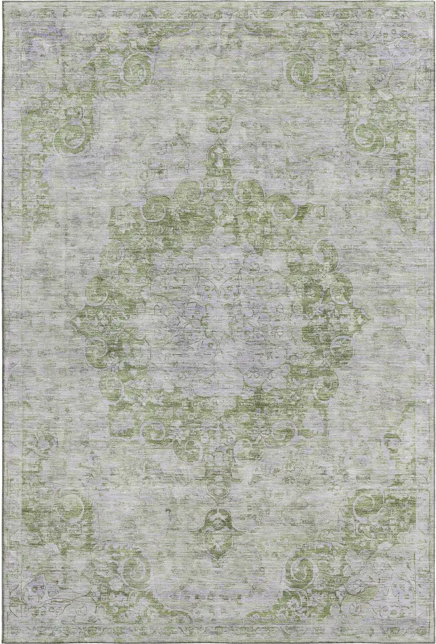 Olive Green And Silver Oriental Washable Area Rug With UV Protection Photo 1