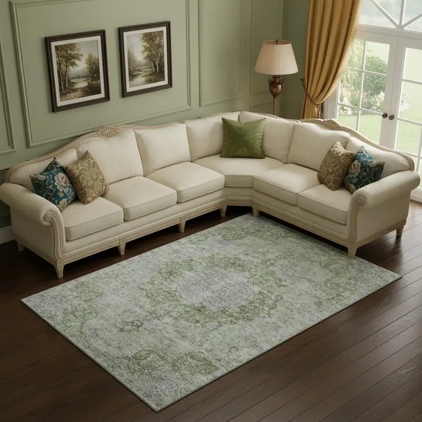 Olive Green And Silver Oriental Washable Area Rug With UV Protection Photo 2