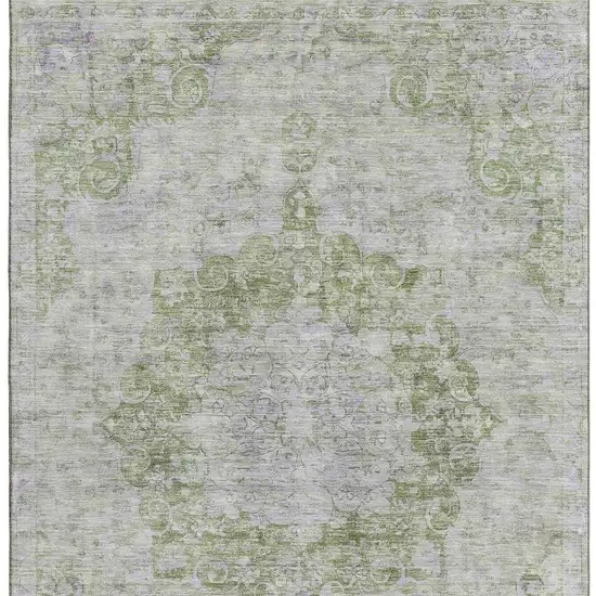Olive Green And Silver Oriental Washable Area Rug With UV Protection Photo 2