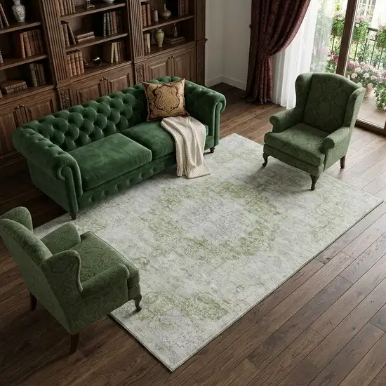 Olive Green And Silver Oriental Washable Area Rug With UV Protection Photo 1