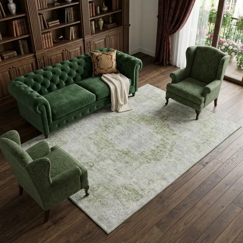 Olive Green And Silver Oriental Washable Area Rug With UV Protection Photo 1