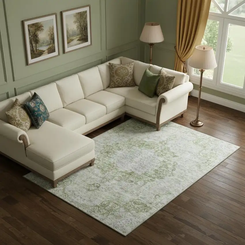 Olive Green And Silver Oriental Washable Area Rug With UV Protection Photo 2