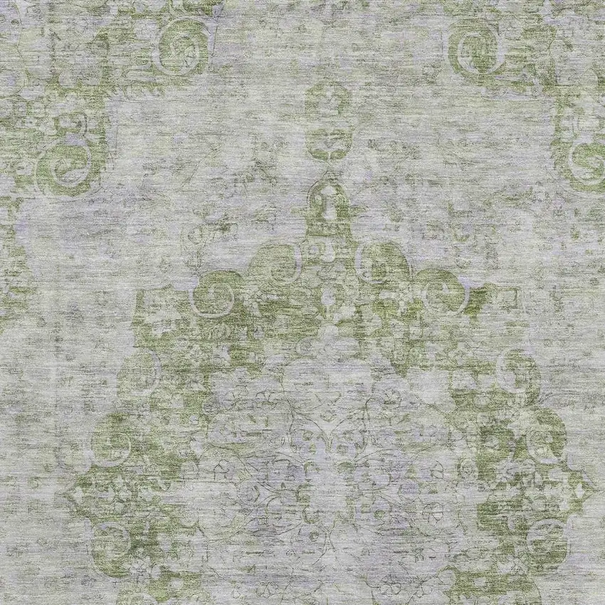 Olive Green And Silver Oriental Washable Area Rug With UV Protection Photo 2