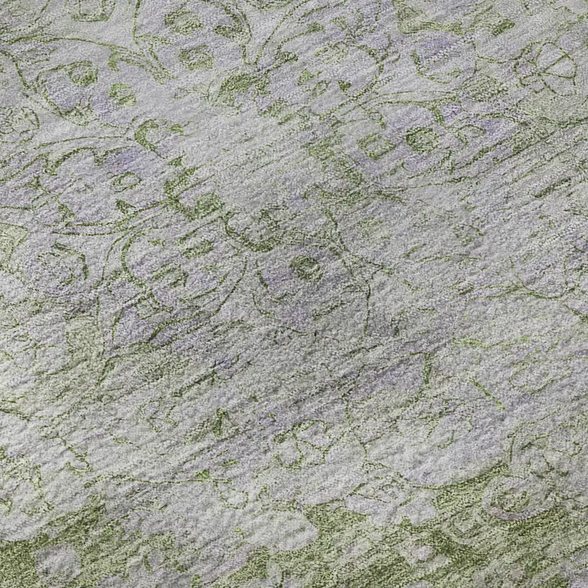 Olive Green And Silver Oriental Washable Area Rug With UV Protection Photo 9