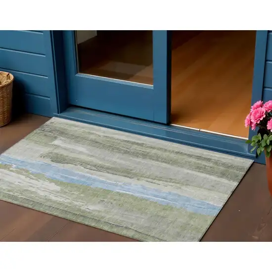 Olive Green And Sky Blue Abstract Washable Indoor Outdoor Area Rug Photo 2