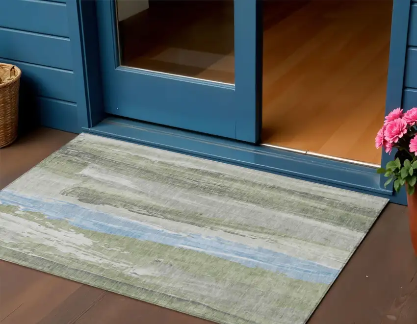 Olive Green And Sky Blue Abstract Washable Indoor Outdoor Area Rug Photo 2