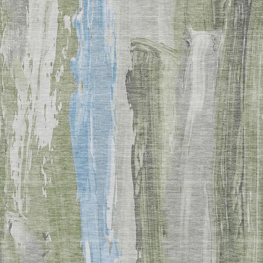 Olive Green And Sky Blue Abstract Washable Indoor Outdoor Area Rug Photo 3