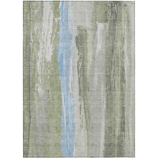 Olive Green And Sky Blue Abstract Washable Indoor Outdoor Area Rug Photo 1