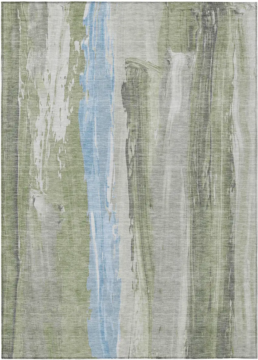 Olive Green And Sky Blue Abstract Washable Indoor Outdoor Area Rug Photo 1