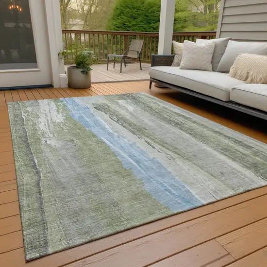 Olive Green And Sky Blue Abstract Washable Indoor Outdoor Area Rug Photo 7