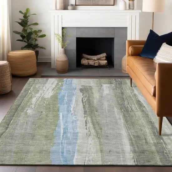 Olive Green And Sky Blue Abstract Washable Indoor Outdoor Area Rug Photo 5