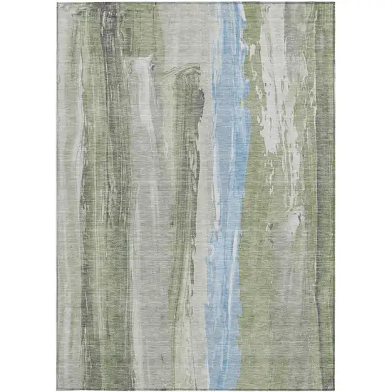 Olive Green And Sky Blue Abstract Washable Indoor Outdoor Area Rug Photo 8