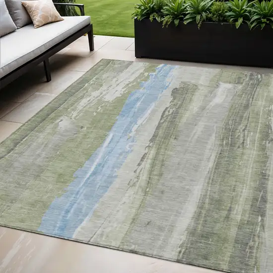 Olive Green And Sky Blue Abstract Washable Indoor Outdoor Area Rug Photo 2