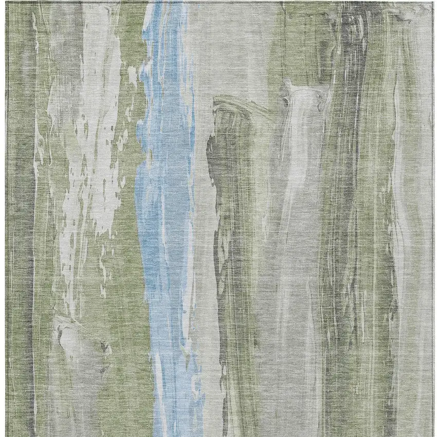 Olive Green And Sky Blue Abstract Washable Indoor Outdoor Area Rug Photo 9