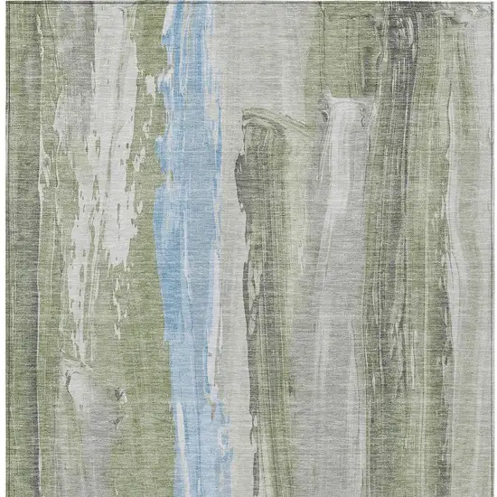 Olive Green And Sky Blue Abstract Washable Indoor Outdoor Area Rug Photo 3