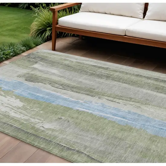 Olive Green And Sky Blue Abstract Washable Indoor Outdoor Area Rug Photo 2
