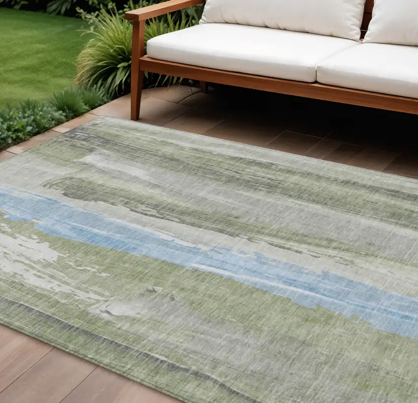 Olive Green And Sky Blue Abstract Washable Indoor Outdoor Area Rug Photo 2