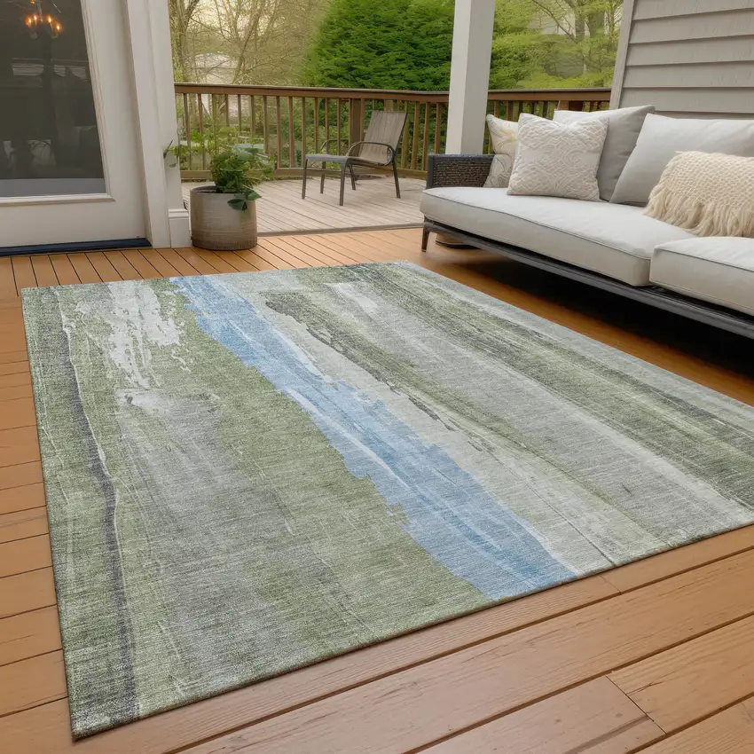 Olive Green And Sky Blue Abstract Washable Indoor Outdoor Area Rug Photo 7