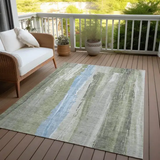 Olive Green And Sky Blue Abstract Washable Indoor Outdoor Area Rug Photo 4