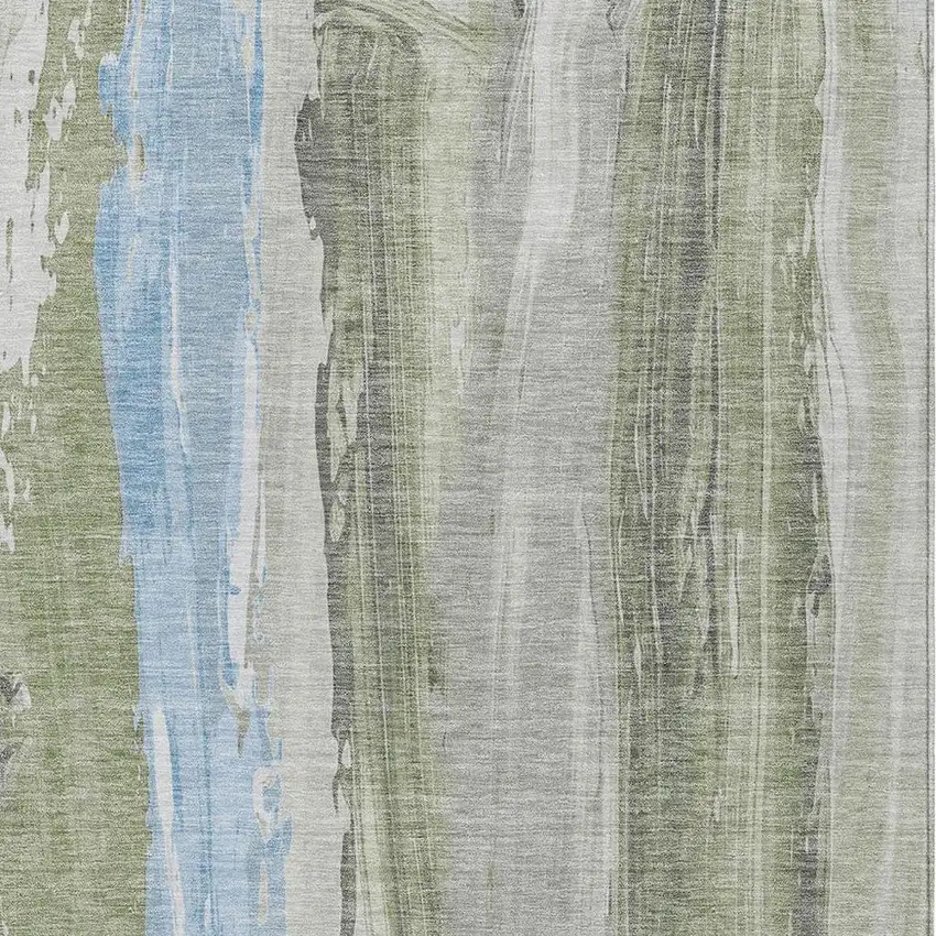 Olive Green And Sky Blue Abstract Washable Indoor Outdoor Area Rug Photo 3