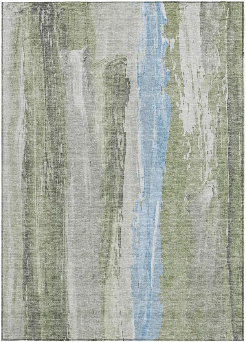 Olive Green And Sky Blue Abstract Washable Indoor Outdoor Area Rug Photo 9