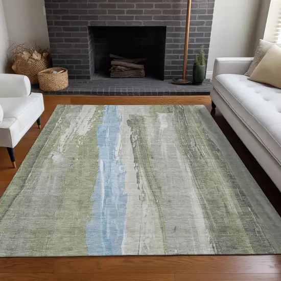 Olive Green And Sky Blue Abstract Washable Indoor Outdoor Area Rug Photo 7