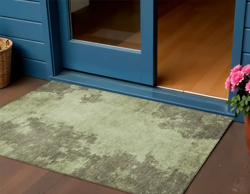 Olive Green And Taupe Abstract Washable Indoor Outdoor Area Rug Photo 2