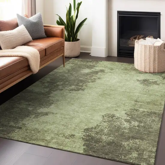 Olive Green And Taupe Abstract Washable Indoor Outdoor Area Rug Photo 6