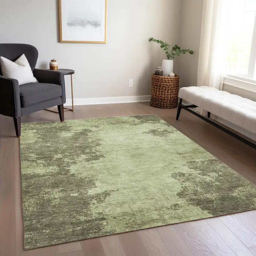 Olive Green And Taupe Abstract Washable Indoor Outdoor Area Rug Photo 7