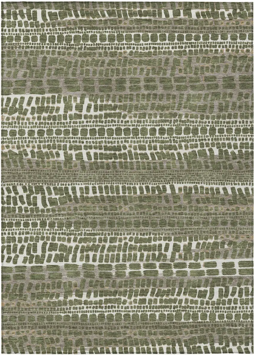 Olive Green And Taupe Abstract Washable Indoor Outdoor Area Rug Photo 1