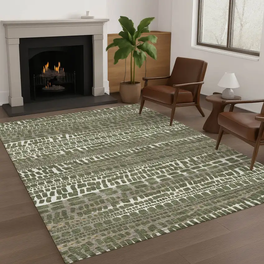 Olive Green And Taupe Abstract Washable Indoor Outdoor Area Rug Photo 6