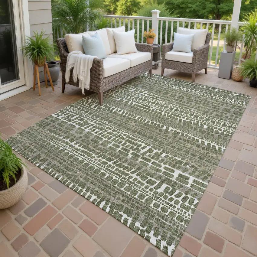 Olive Green And Taupe Abstract Washable Indoor Outdoor Area Rug Photo 4