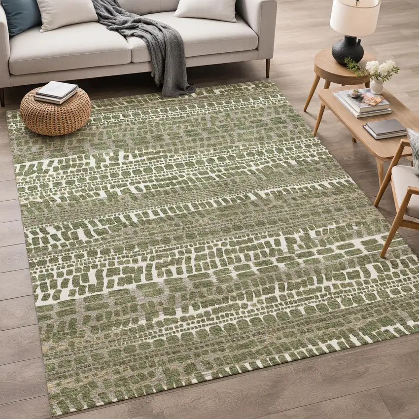 Olive Green And Taupe Abstract Washable Indoor Outdoor Area Rug Photo 5
