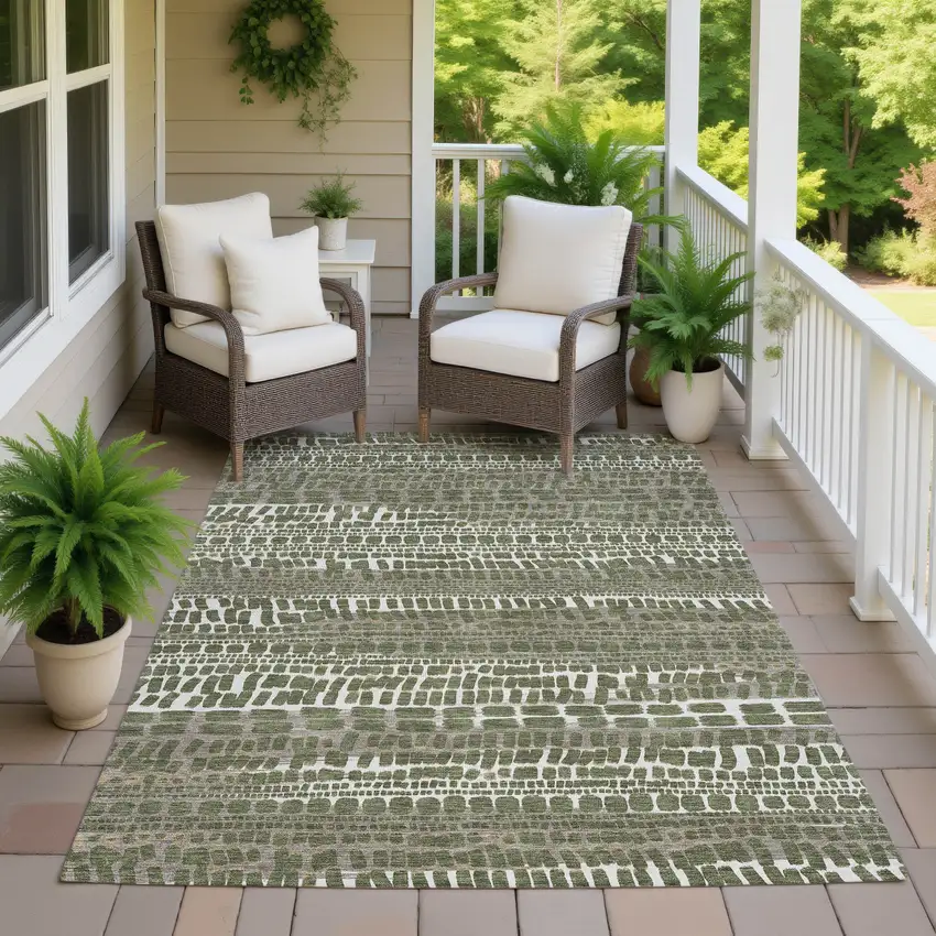 Olive Green And Taupe Abstract Washable Indoor Outdoor Area Rug Photo 7