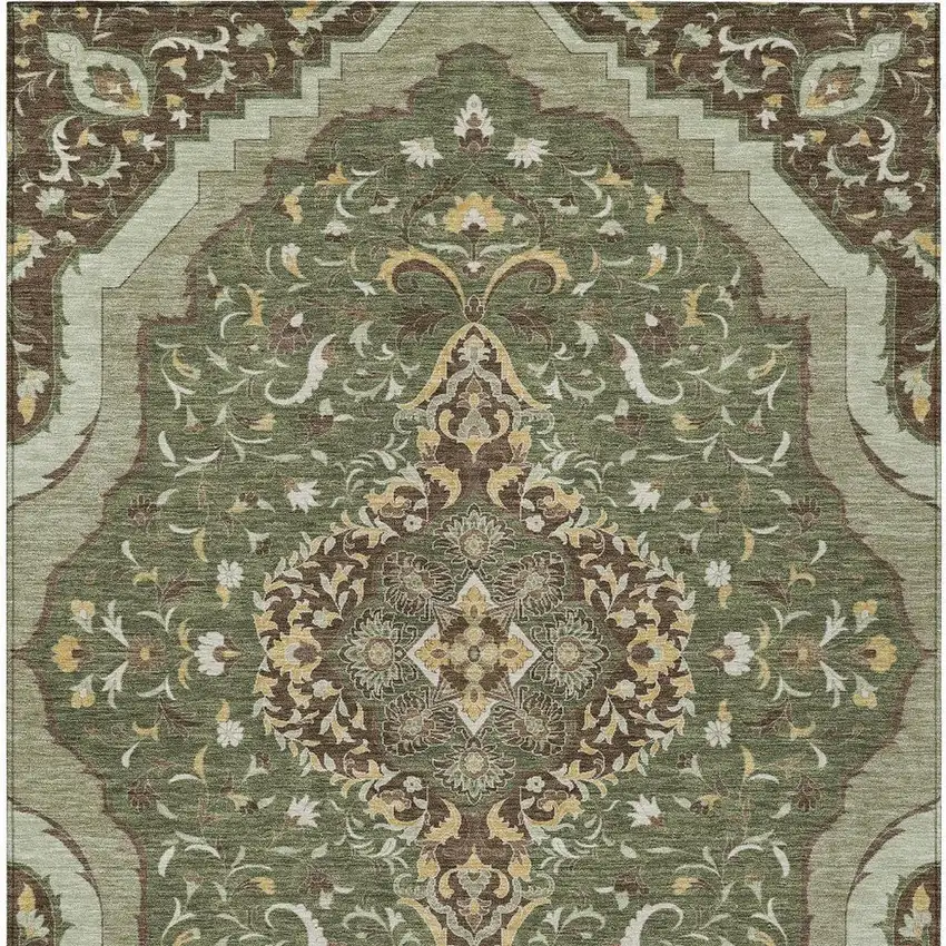 Olive Green And Taupe Medallion Washable Indoor Outdoor Area Rug Photo 3