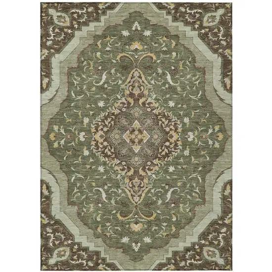 Olive Green And Taupe Medallion Washable Indoor Outdoor Area Rug Photo 2