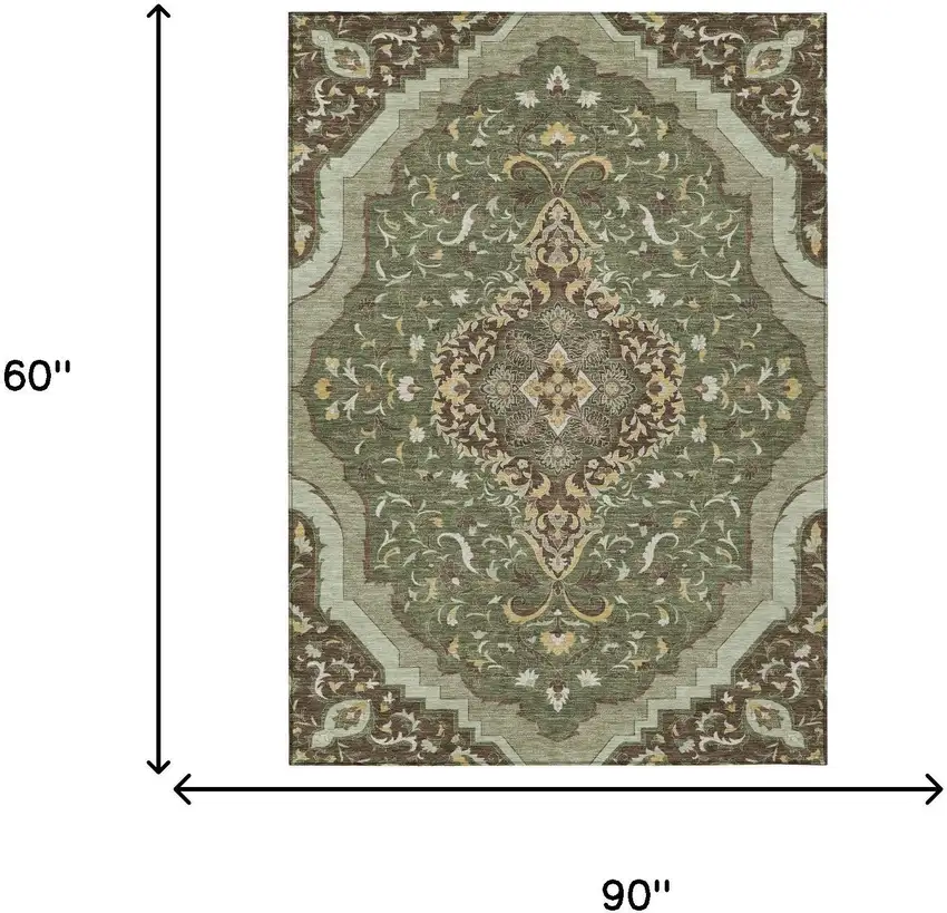 Olive Green And Taupe Medallion Washable Indoor Outdoor Area Rug Photo 7