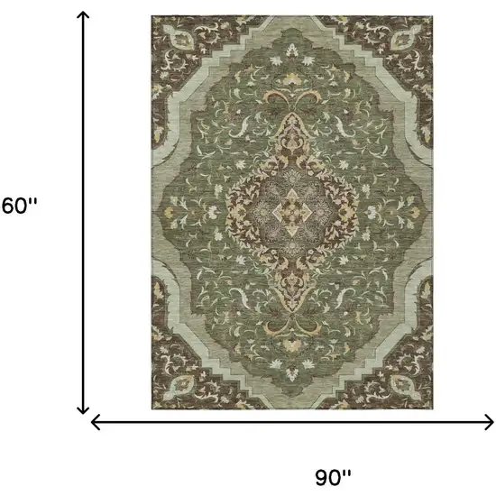 Olive Green And Taupe Medallion Washable Indoor Outdoor Area Rug Photo 7