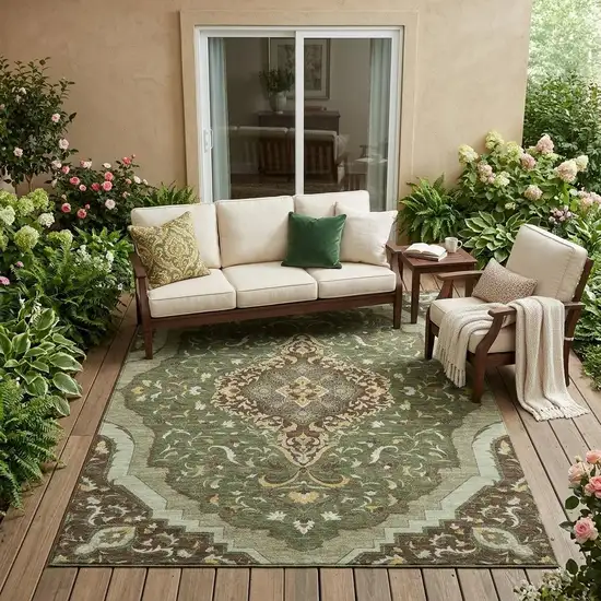 Olive Green And Taupe Medallion Washable Indoor Outdoor Area Rug Photo 1