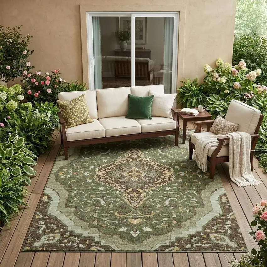 Olive Green And Taupe Medallion Washable Indoor Outdoor Area Rug Photo 1