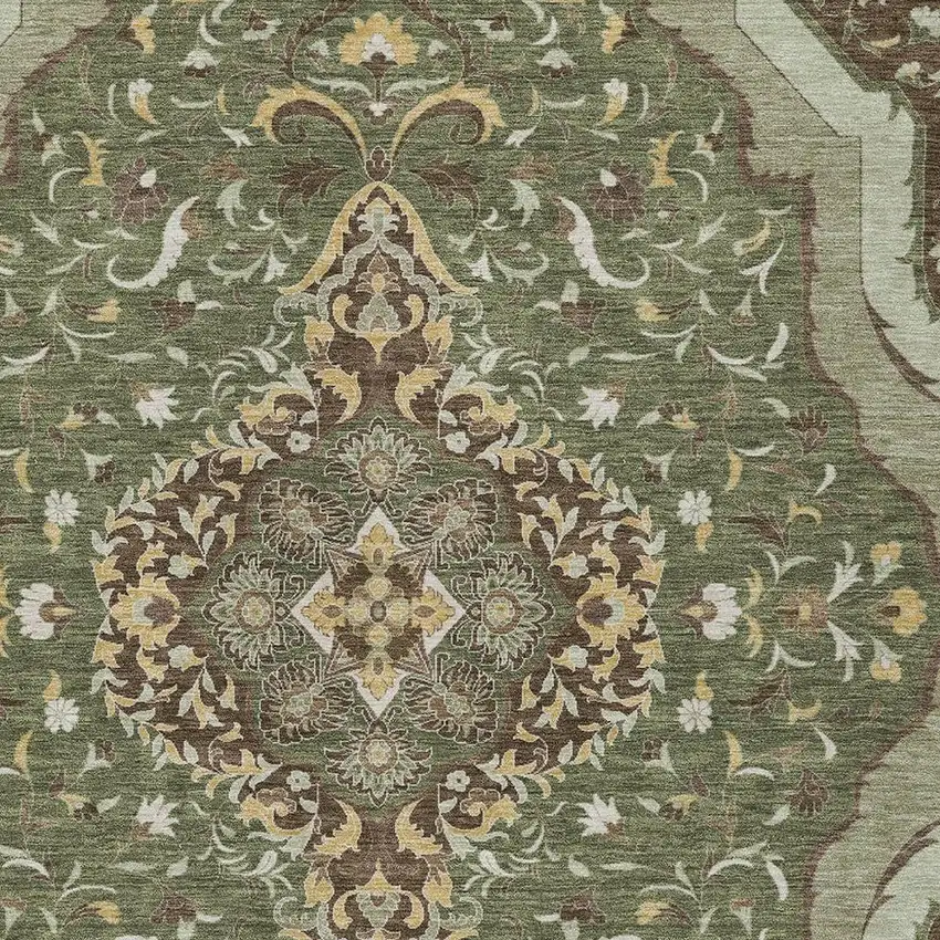 Olive Green And Taupe Medallion Washable Indoor Outdoor Area Rug Photo 4