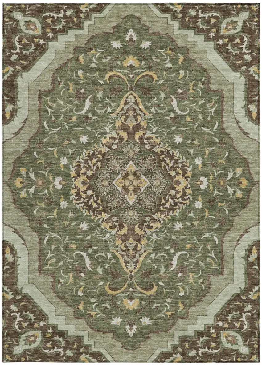 Olive Green And Taupe Medallion Washable Indoor Outdoor Area Rug Photo 3