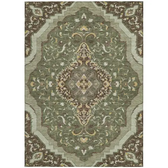 Olive Green And Taupe Medallion Washable Indoor Outdoor Area Rug Photo 3