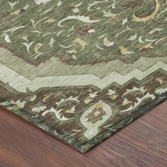 Olive Green And Taupe Medallion Washable Indoor Outdoor Area Rug Photo 5