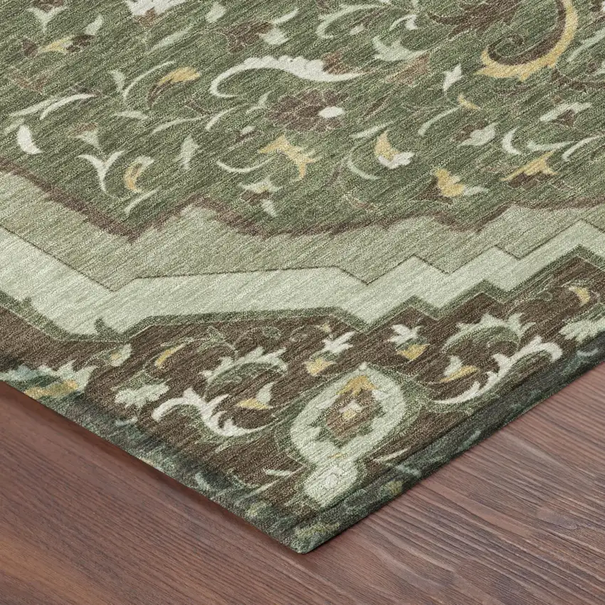 Olive Green And Taupe Medallion Washable Indoor Outdoor Area Rug Photo 5