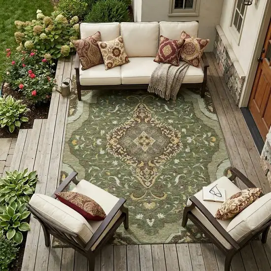 Olive Green And Taupe Medallion Washable Indoor Outdoor Area Rug Photo 1