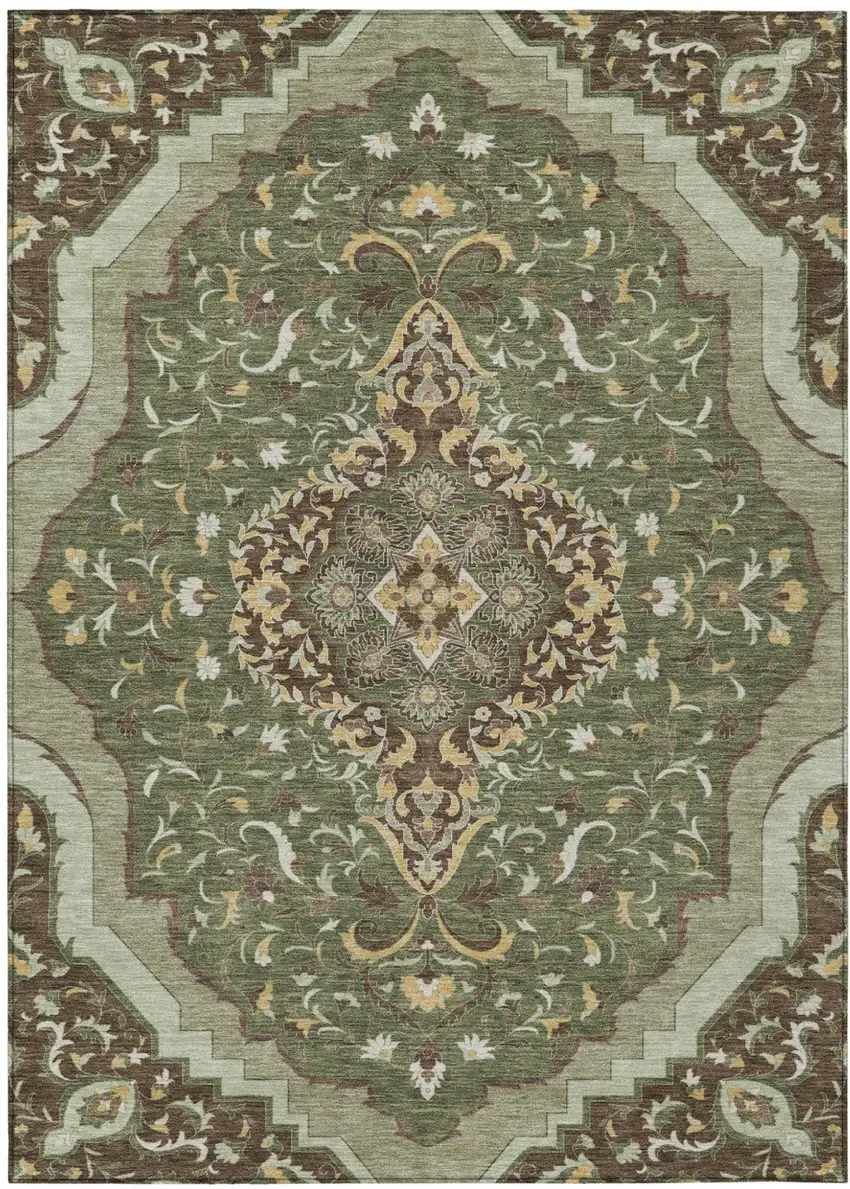 Olive Green And Taupe Medallion Washable Indoor Outdoor Area Rug Photo 2