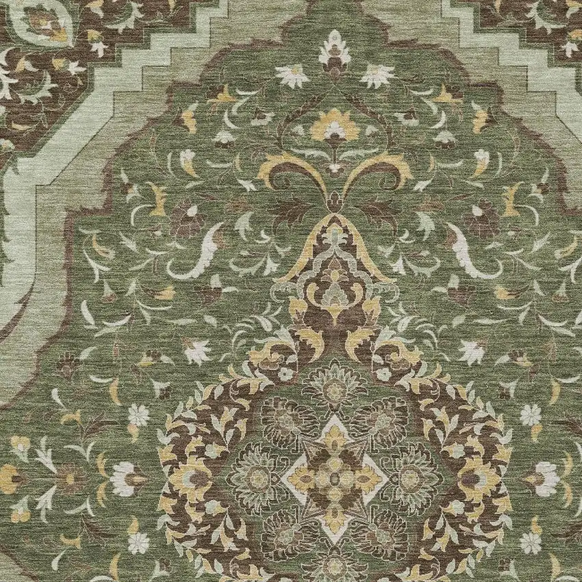 Olive Green And Taupe Medallion Washable Indoor Outdoor Area Rug Photo 4