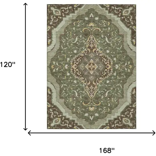 Olive Green And Taupe Medallion Washable Indoor Outdoor Area Rug Photo 7