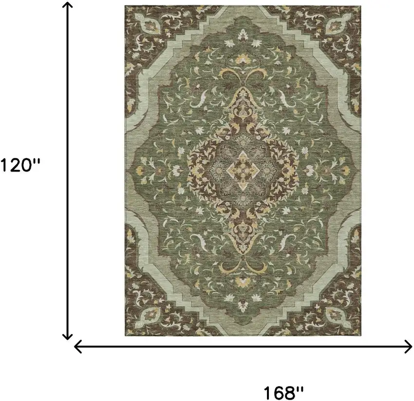 Olive Green And Taupe Medallion Washable Indoor Outdoor Area Rug Photo 7